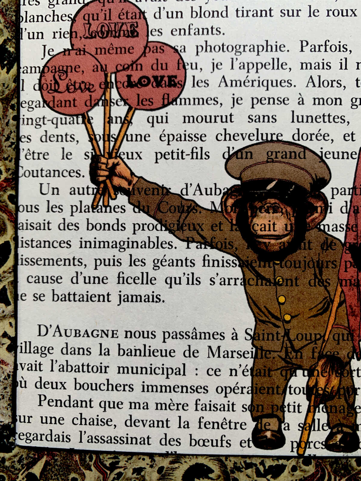 Sweet Little Uniformed Monkey Holding Three Love Balloons on an Antique French Book Page 5 x 7" Folkart #PS925 - Image 2