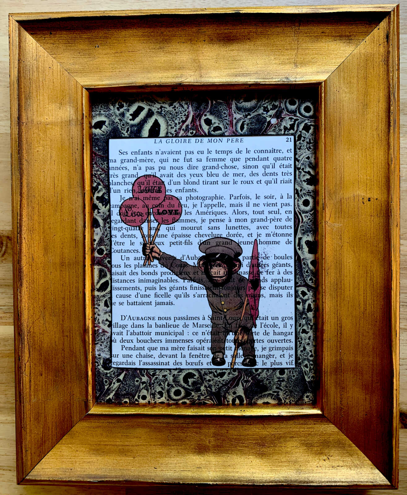 Sweet Little Uniformed Monkey Holding Three Love Balloons on an Antique French Book Page 5 x 7" Folkart #PS925 - Image 3