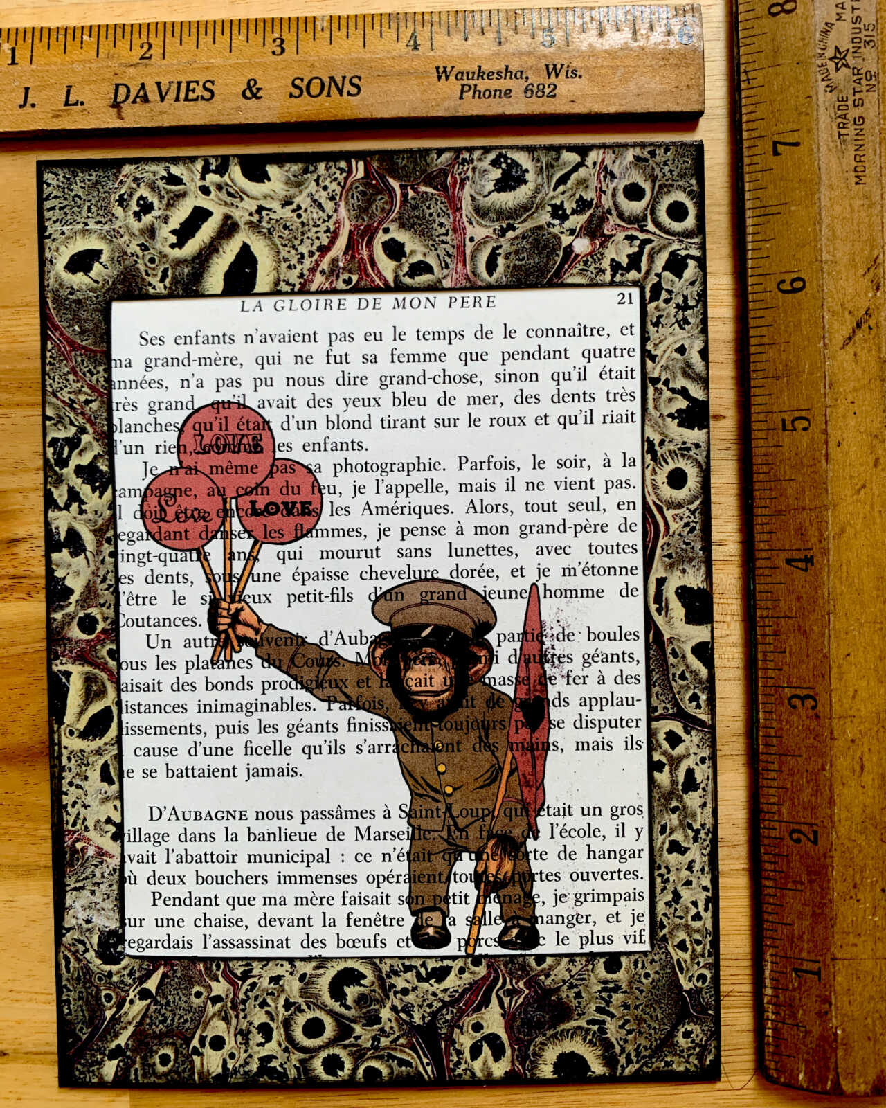 Sweet Little Uniformed Monkey Holding Three Love Balloons on an Antique French Book Page 5 x 7" Folkart #PS925 - Image 4