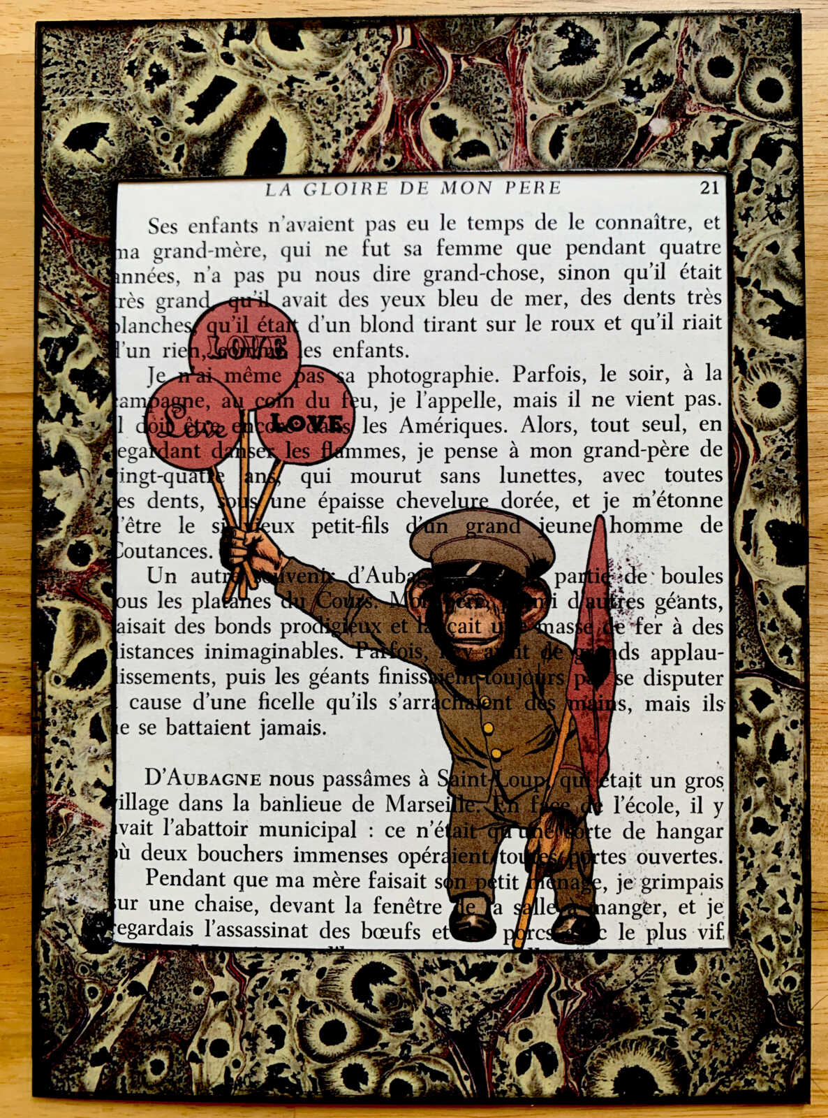 Sweet Little Uniformed Monkey Holding Three Love Balloons on an Antique French Book Page 5 x 7" Folkart #PS925