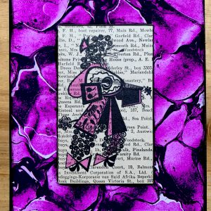 Mandolin Playing Poodle in Purple Velvet and Freddie Mercury Heels on an Antique Capetown Directory Page 5 x 7" Folkart #PS916