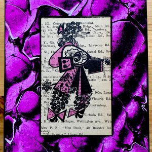 Mandolin Playing Poodle in Purple Velvet and Freddie Mercury Heels on an Antique Capetown Directory Page 5 x 7" Folkart #PS903