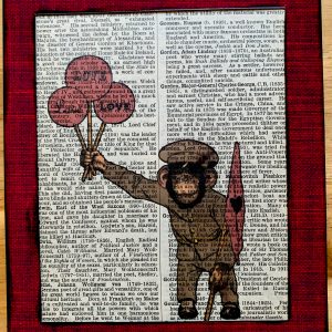 Sweet Little Uniformed Monkey Holding Three Love Balloons on an Antique Pears Cyclopedia Page 5 x 7" Folkart #PS928