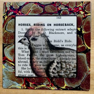 Skeptical Peach and Grey Bird on Antique Book Page 4 x 4" Folkart #DSO144