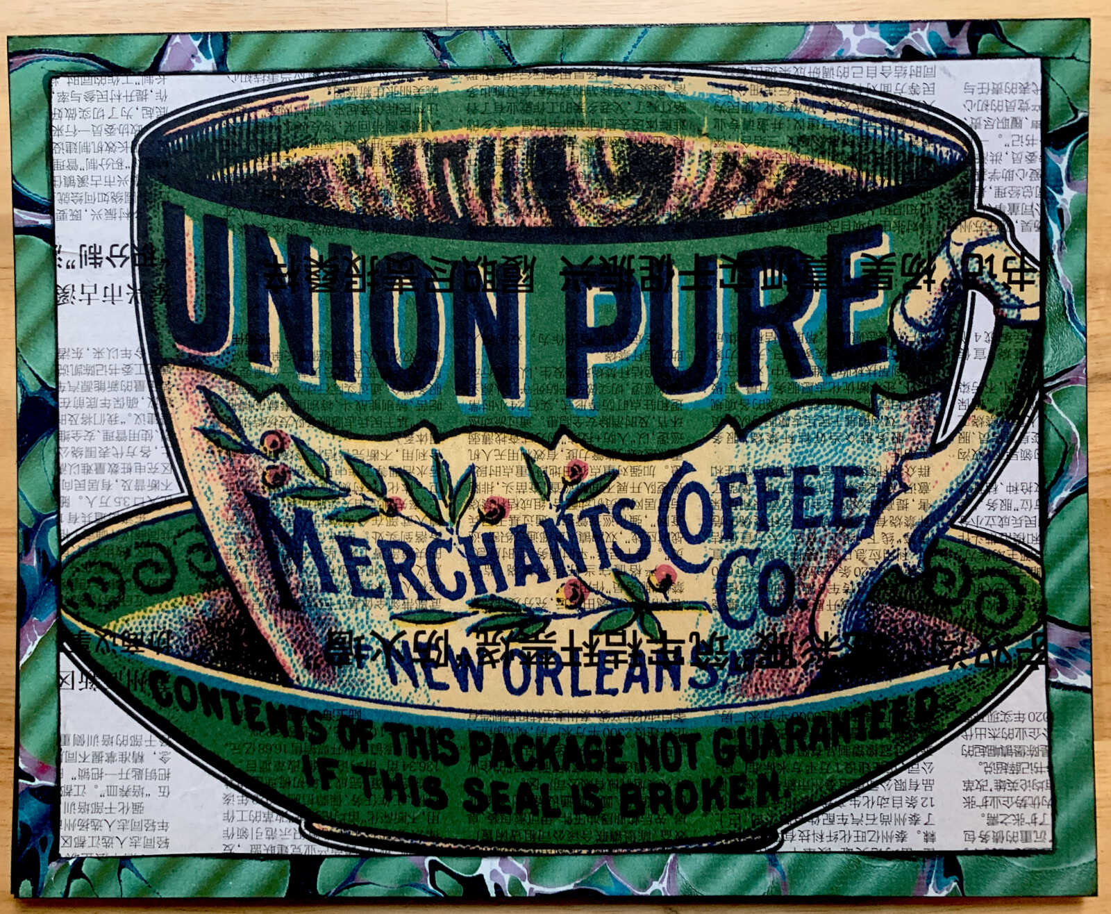 Union Pure Merchant's Coffee New Orleans Louisiana Victorian Trade Image on a Chinese Newspaper Page 8 x 10" Folkart #SS324