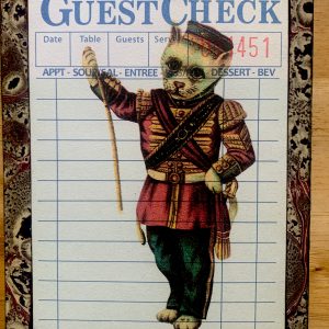 Victorian Die Cut Worried Cat in Gold Braided Uniform on a Stamped Guest Check 4 x 6" Folkart #LT114